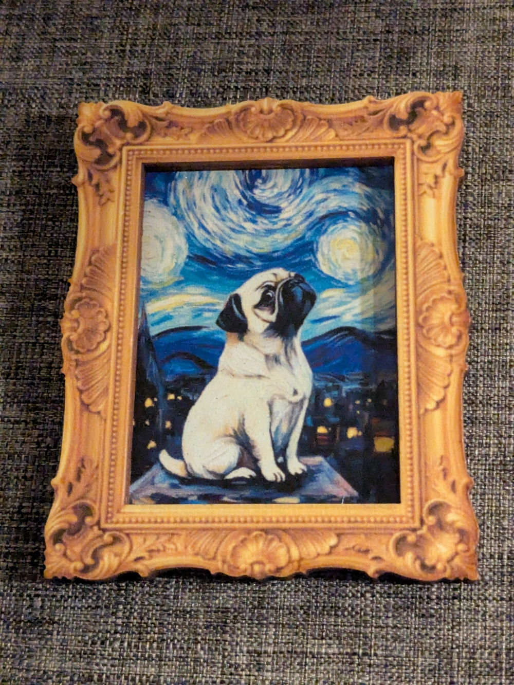Art print magnet featuring a pug set against a Starry Night-inspired blue sky.